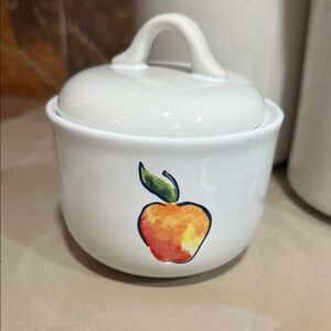 White Ceramic Sugar Bowl with Apple Design